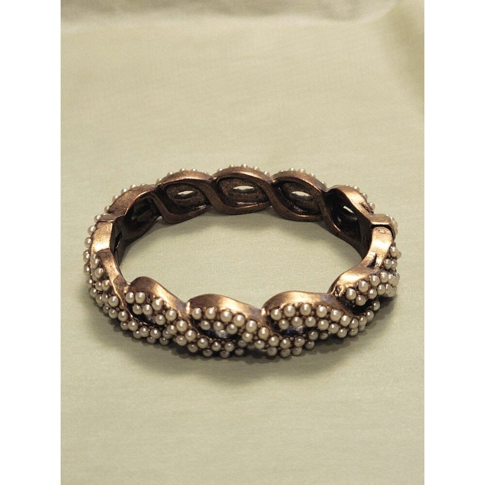 J.CREW Brass Tone Faux Pearl Swirl Hinged Cuff Bracelet
